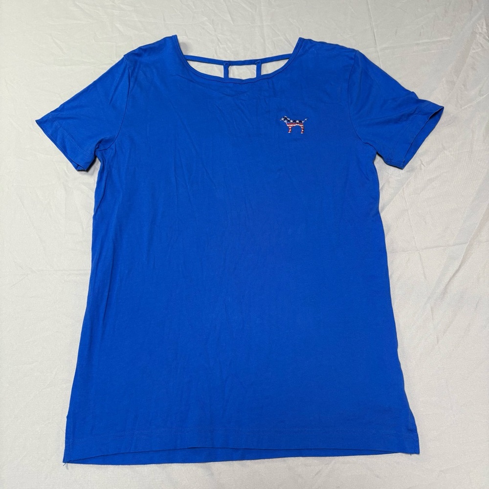 PINK Victoria's Secret Royal Blue Short Sleeve with American flag dog embroidery